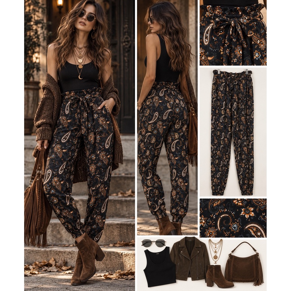 Full Circle Trends Paisley Jogger Pants Boho Whimsigoth Paperbag Tie Waist